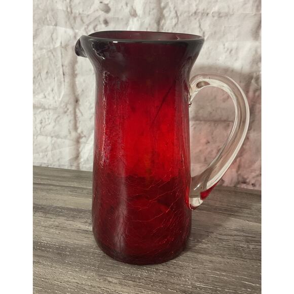 Vintage Ruby Red Hand Blown Crackle Glass Pitcher Clear Handle 6 7/8” Tall - Picture 2 of 8